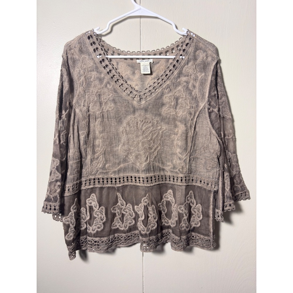 Ultra Pink Lace Crochet Blouse Taupe Brown L Fairy Whimsy Festival Langenlook